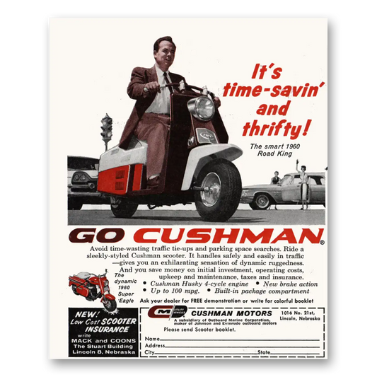 1960 Cushman Motors Time Savin and Thrifty Vintage Magazine Print Ad