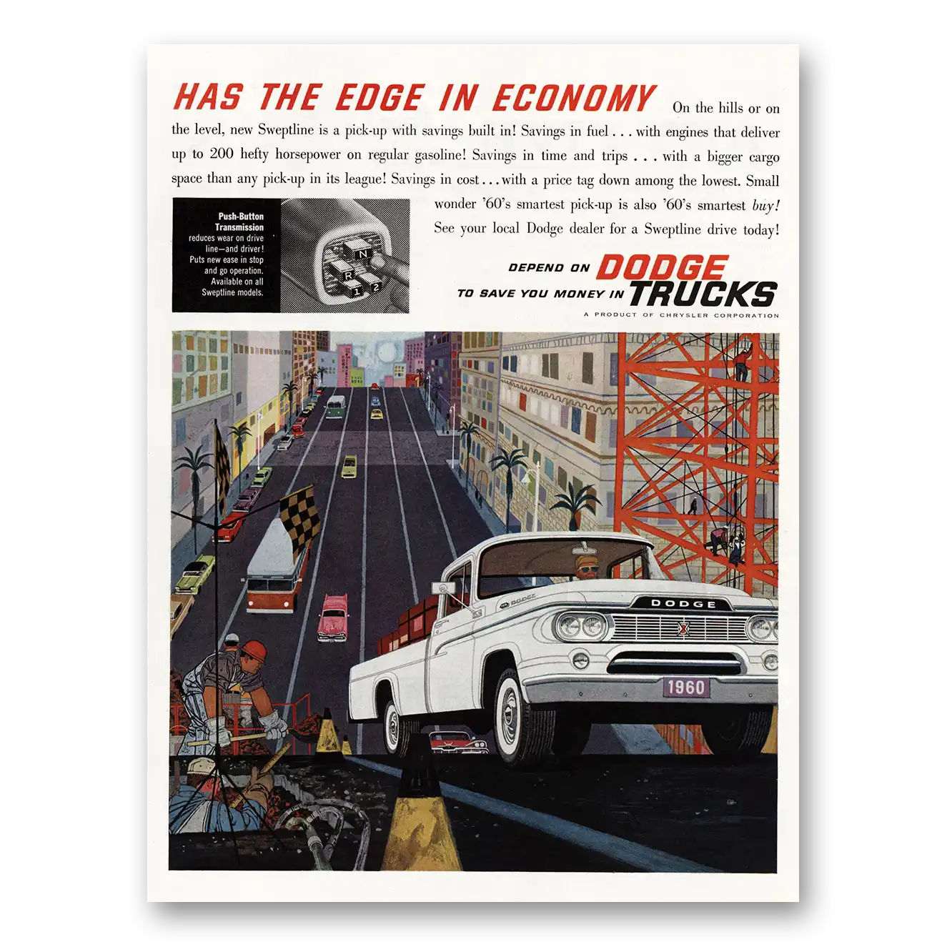 1960 Dodge Trucks Has the Edge In Economy Vintage Magazine Print Ad