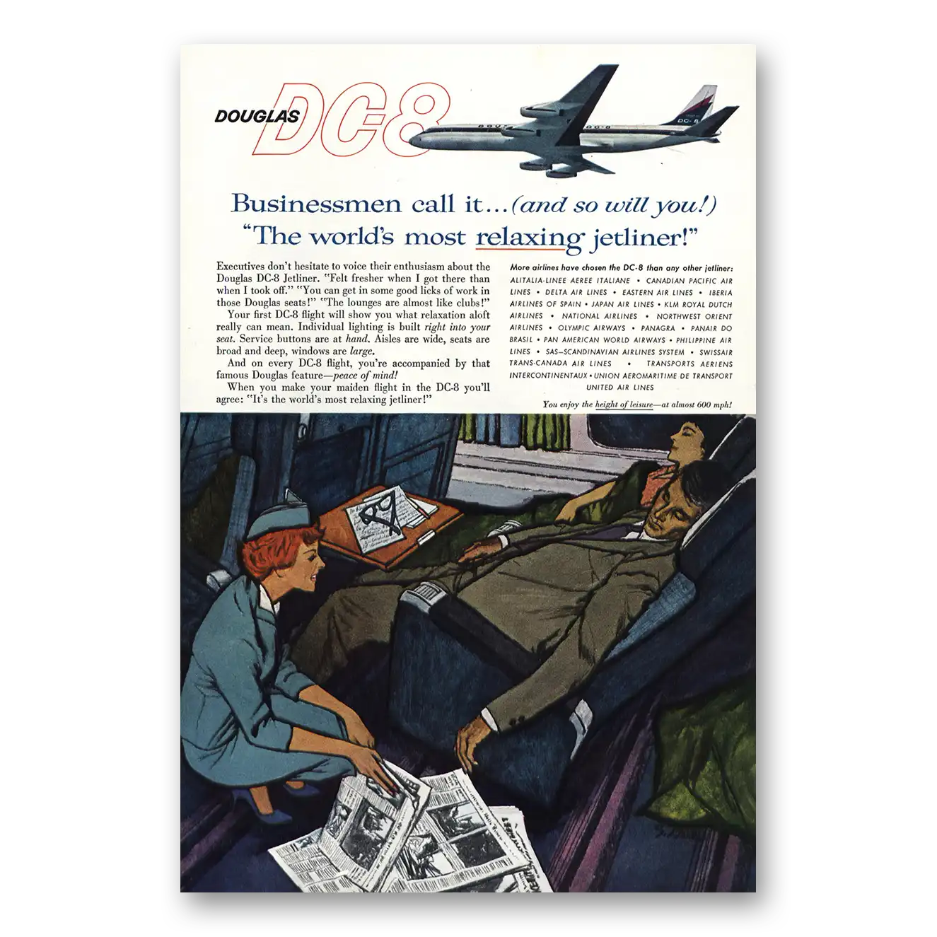 1960 Douglas DC8 Most Relaxing Jetliner Deel Vintage Magazine Print Ad