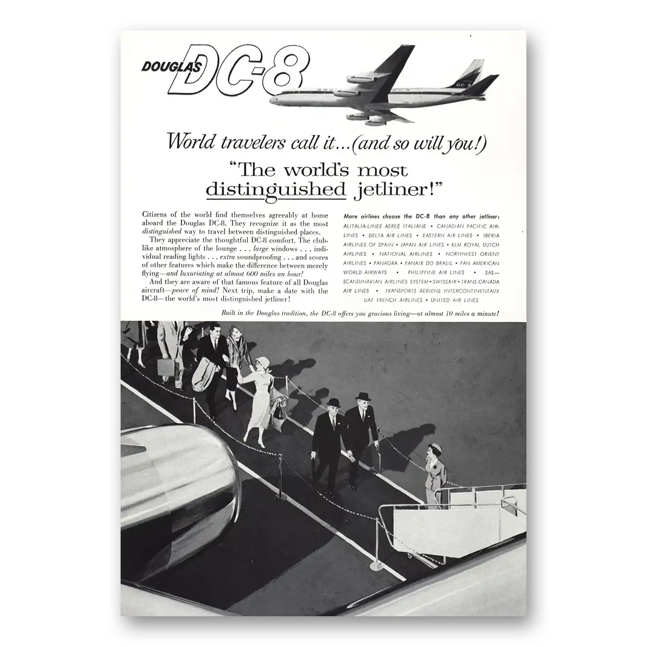 1960 Douglas DC8 Distinguished Jetliner Boarding Vintage Magazine Print Ad