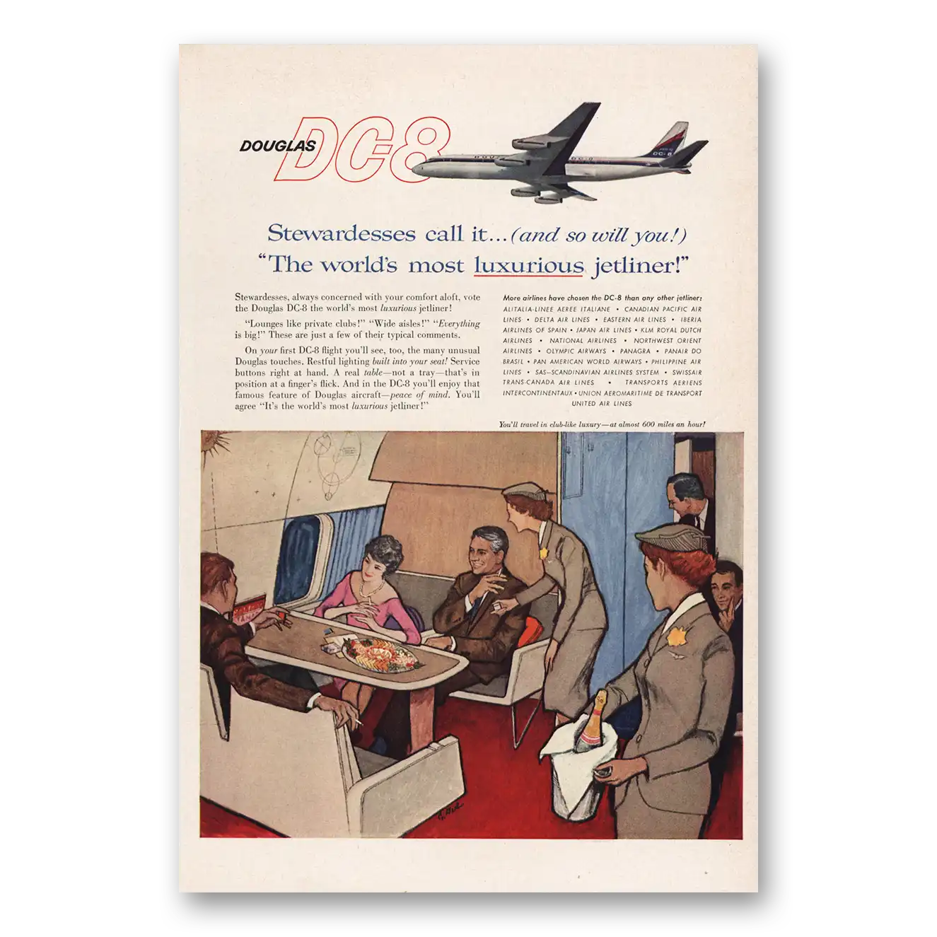 1960 Douglas DC8 Stewardesses Call It Most Luxurious Vintage Magazine Print Ad