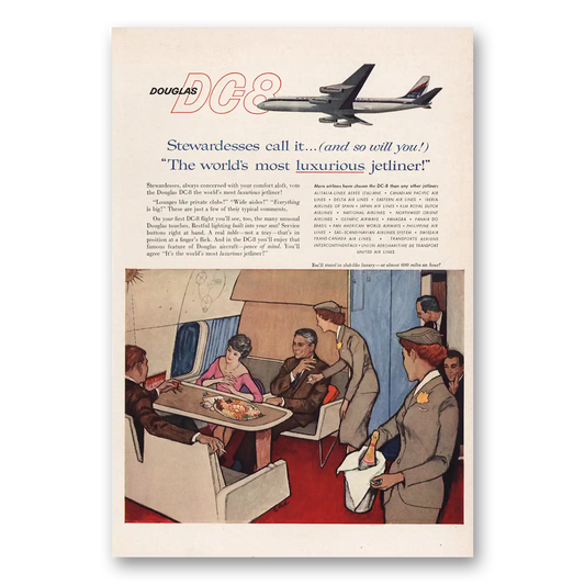 1960 Douglas DC8 Stewardesses Call It Most Luxurious Vintage Magazine Print Ad