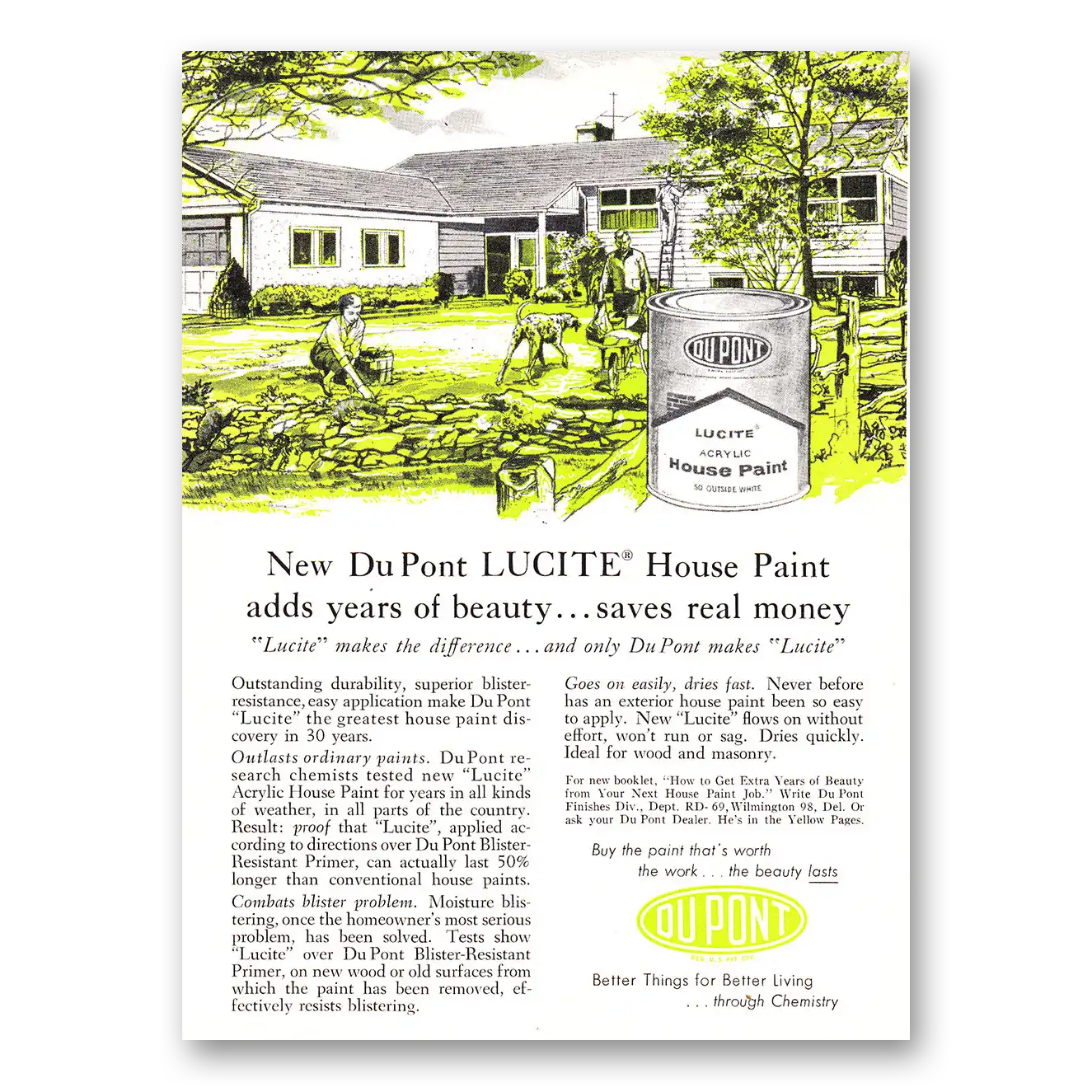 1960 DuPont Lucite Paint Add Years of Beauty Vintage Magazine Print Ad