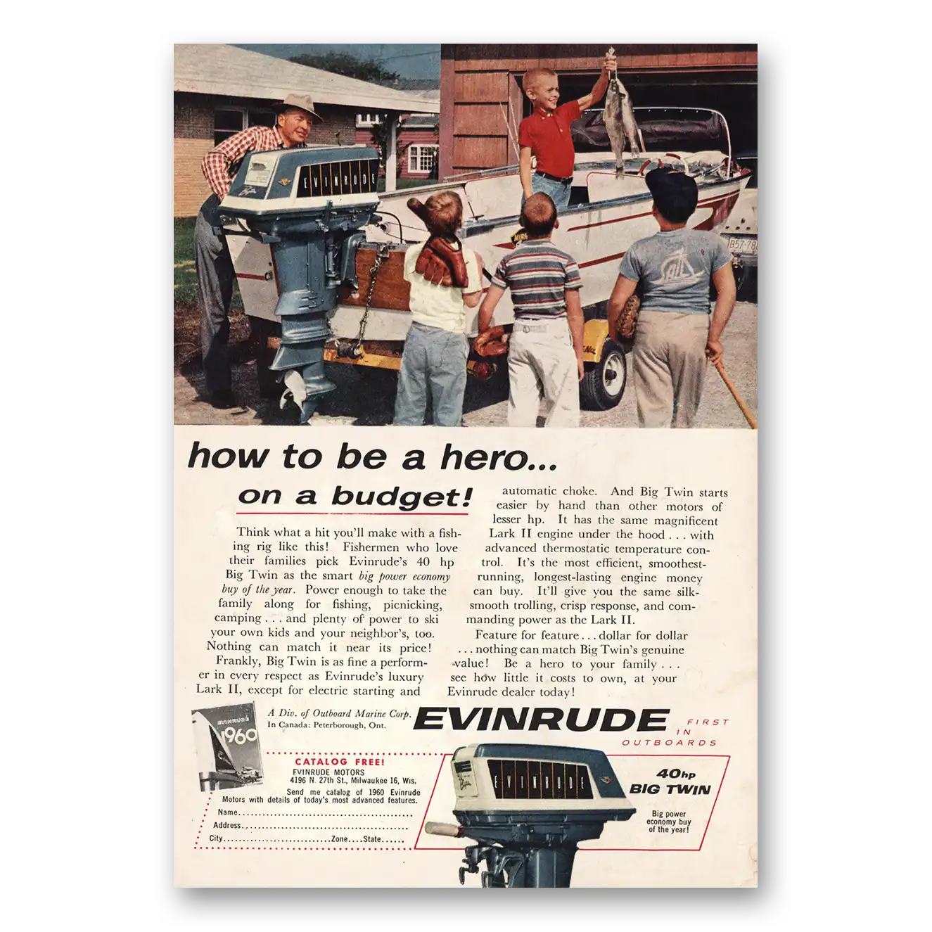 1960 Evinrude How To Be a Hero On Budget Vintage Magazine Print Ad