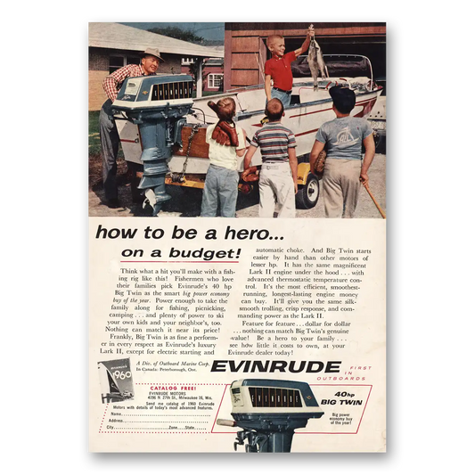 1960 Evinrude How To Be a Hero On Budget Vintage Magazine Print Ad