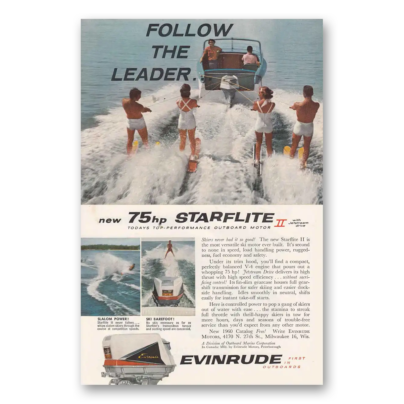 1960 Evinrude Follow the Leader Vintage Magazine Print Ad