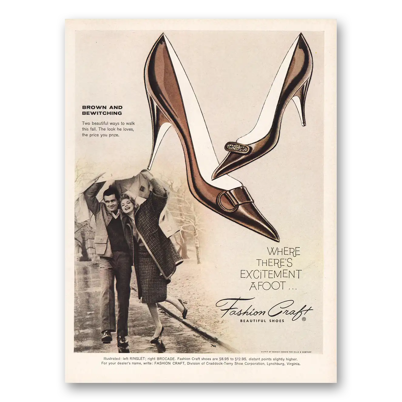 1960 Fashion Craft Shoes Brown and Bewitching Vintage Magazine Print Ad