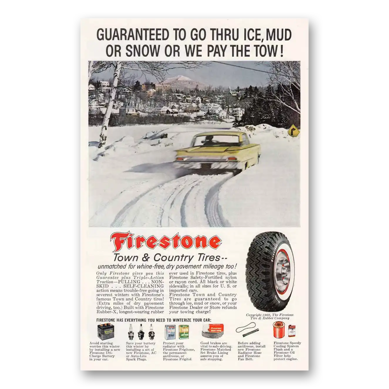 1960 Firestone Tires Go Thru Ice Mud or Snow Vintage Magazine Print Ad