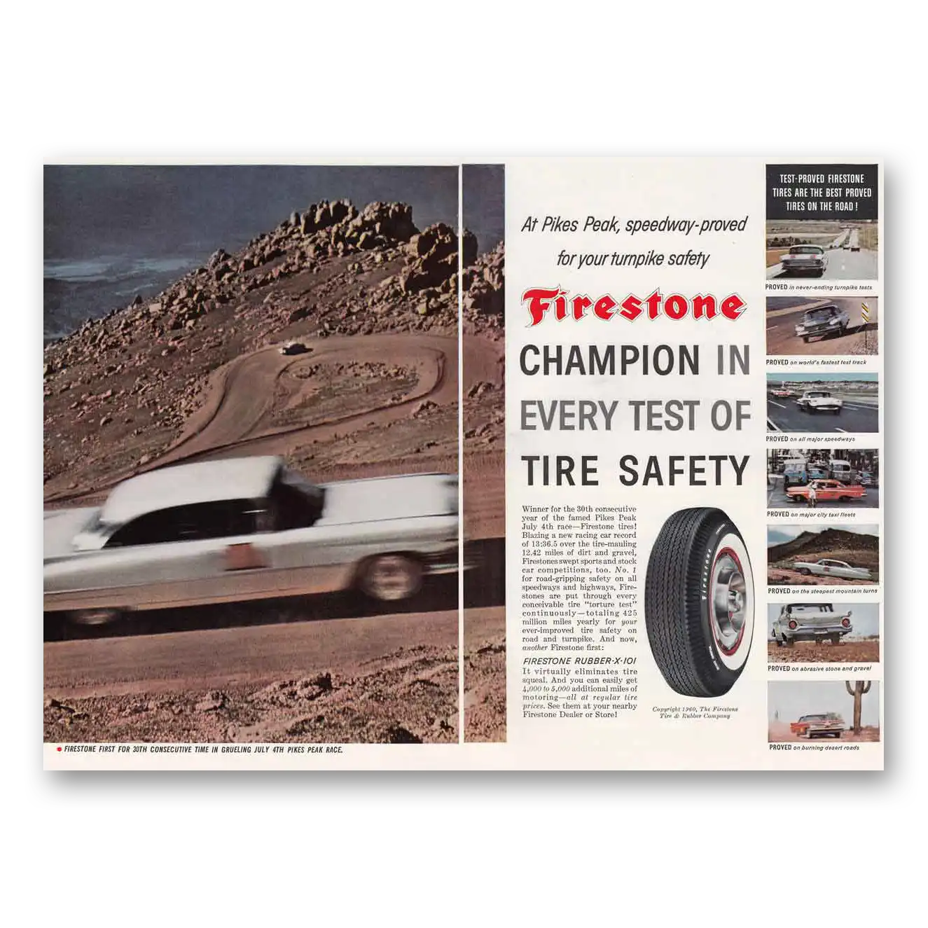 1960 Firestone Tires Pikes Peak Race Vintage Magazine Print Ad