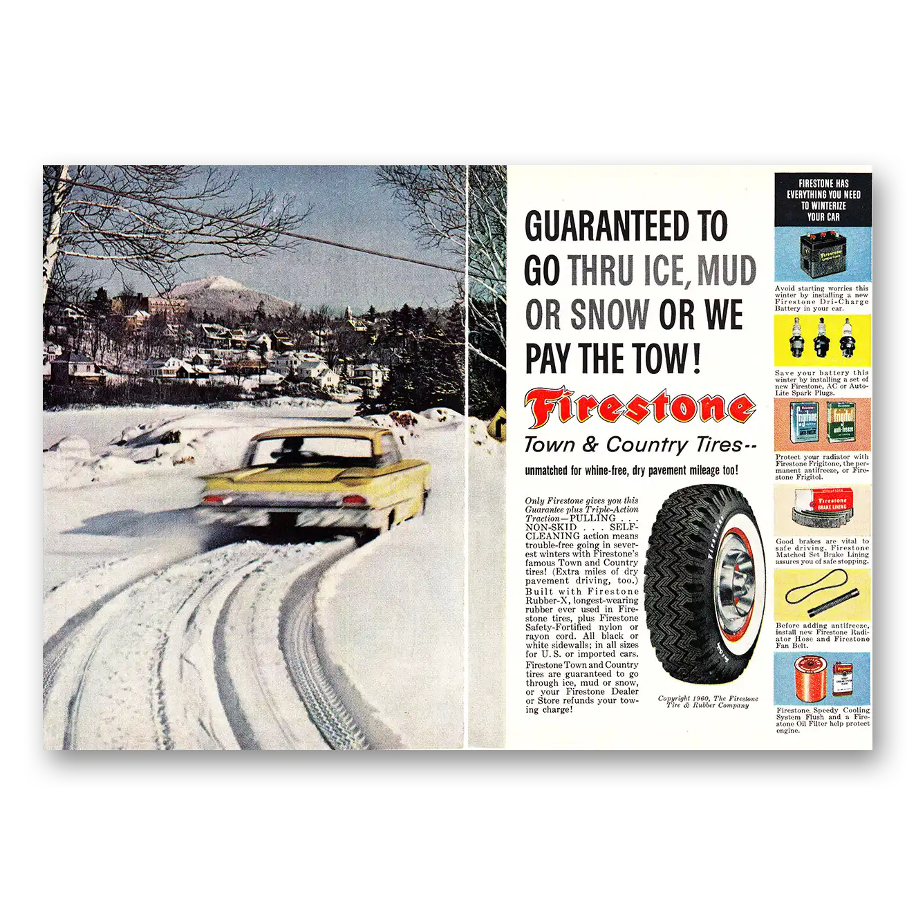 1960 Firestone Tires Guaranteed to Go Thru Ice Mud or Snow Vintage Magazine Print Ad