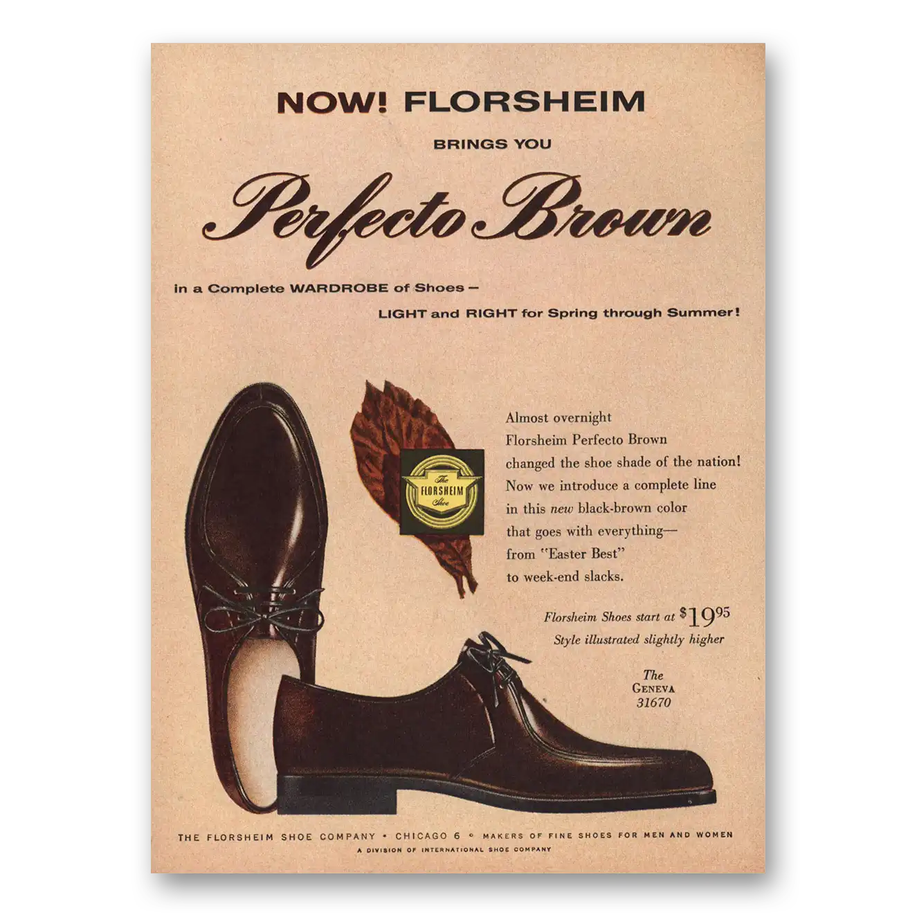 1960 Florsheim Shoes Perfecto Brown Vintage Magazine Print Ad