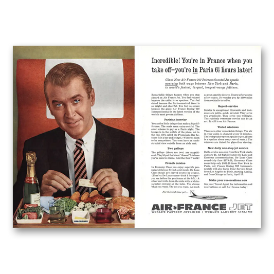 1960 Air France Jimmy Stewart You're in France When You Take Off Vintage Magazine Print Ad