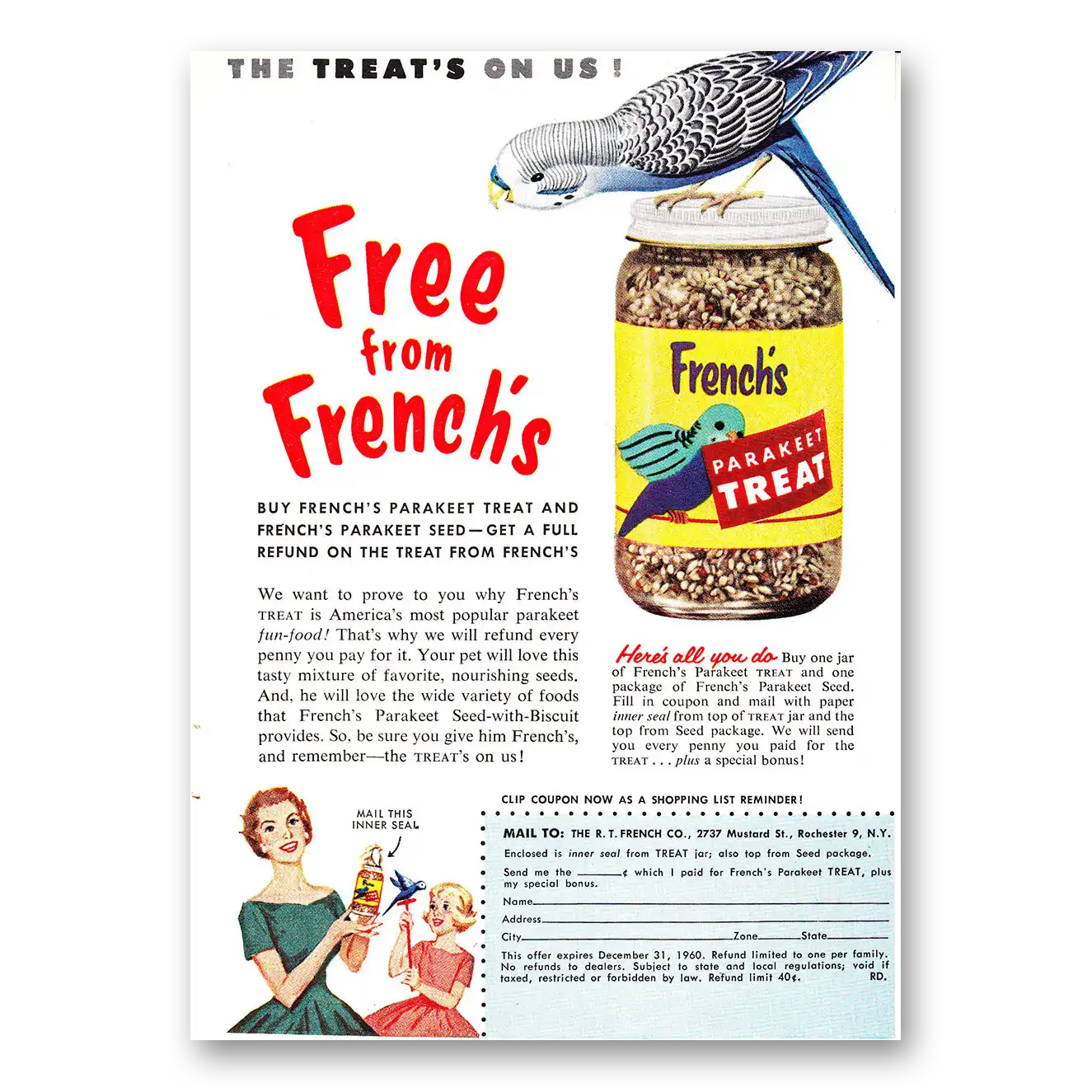 1960 Frenchs Bird Seed Parakeet Treat Treats On Us Vintage Magazine Print Ad