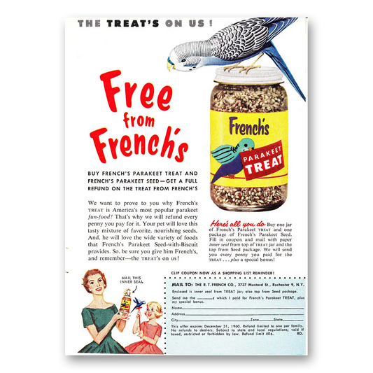 1960 Frenchs Bird Seed Parakeet Treat Treats On Us Vintage Magazine Print Ad