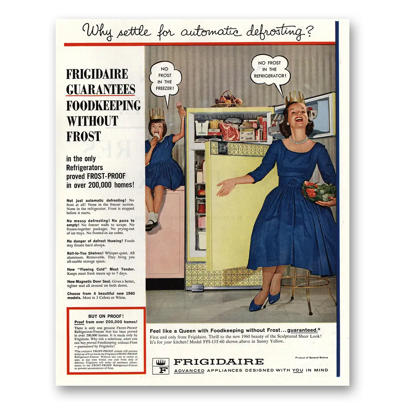 1960 Frigidaire Refrigerator Why Settle for Automatic Defrosting Vintage Magazine Print Ad