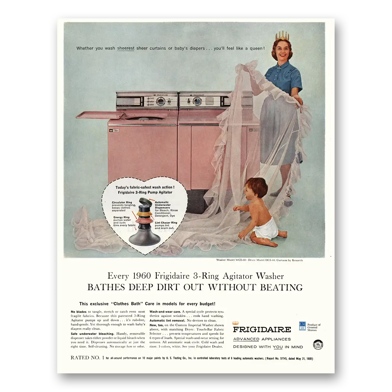 1960 Frigidaire Washer Bathes Deep Dirt Out Without Beating Vintage Magazine Print Ad