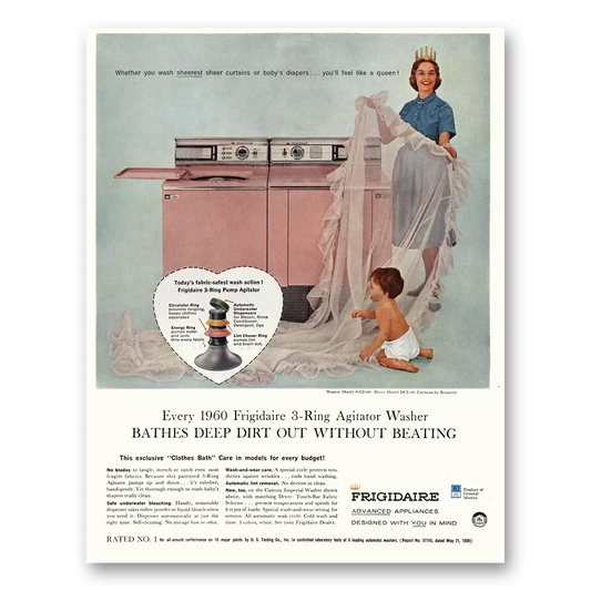 1960 Frigidaire Washer Bathes Deep Dirt Out Without Beating Vintage Magazine Print Ad