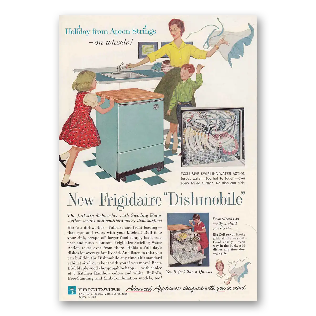 1960 Frigidaire Dishwasher Dishmobile Holiday from Apron Strings Vintage Magazine Print Ad