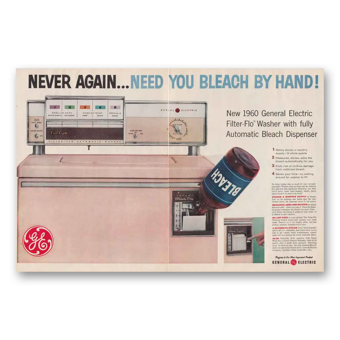 1959 General Electric Washer Filter Flo Washer Never Again Need You Bleach By Hand Vintage Magazine Print Ad