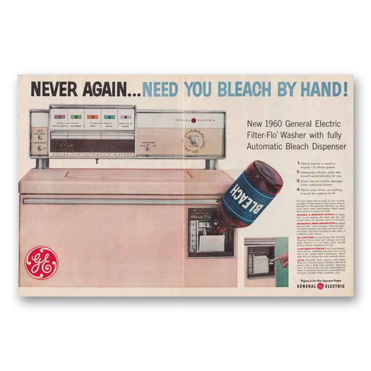 1959 General Electric Washer Filter Flo Washer Never Again Need You Bleach By Hand Vintage Magazine Print Ad