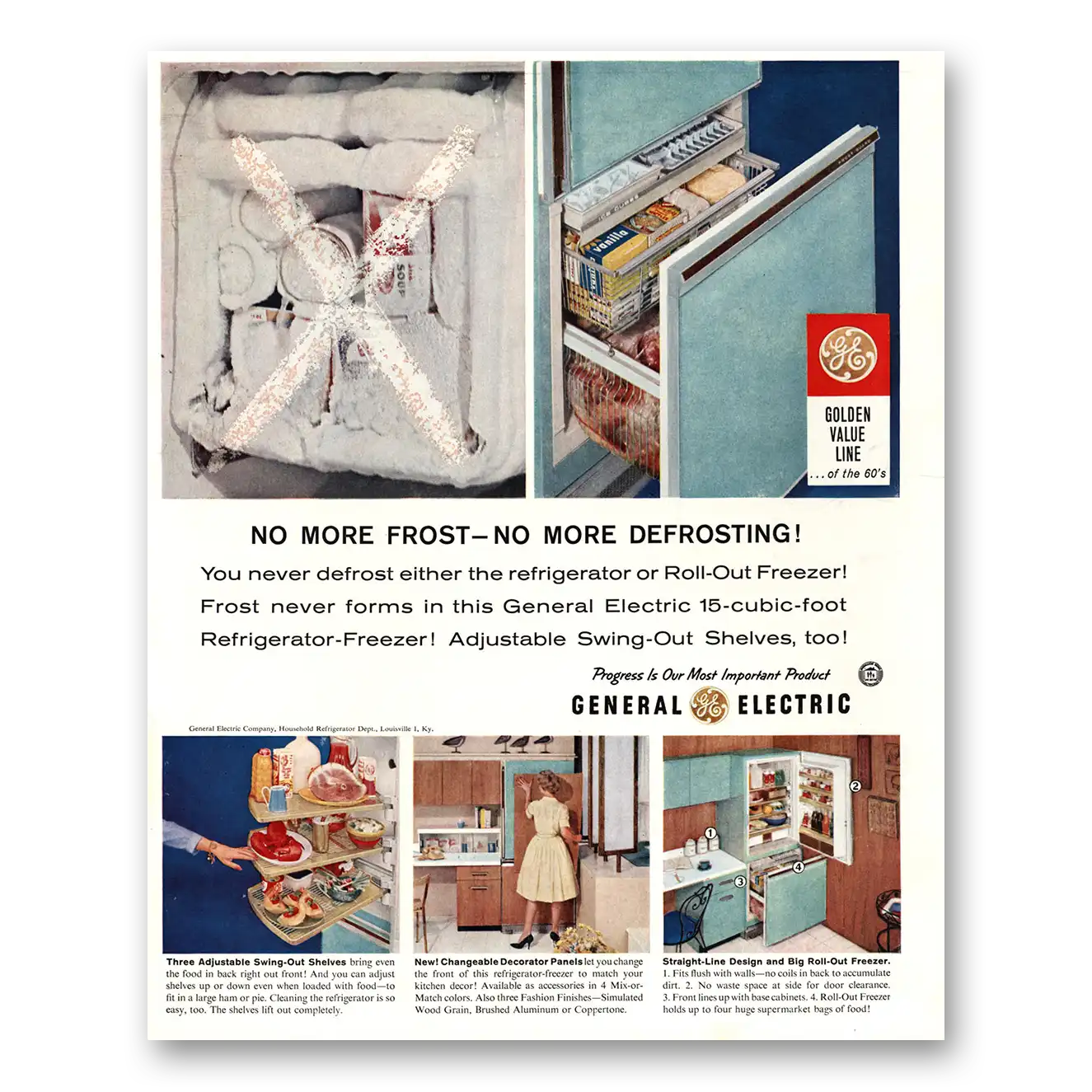 1960 General Electric Refrigerator No More Frost No More Defrosting Vintage Magazine Print Ad