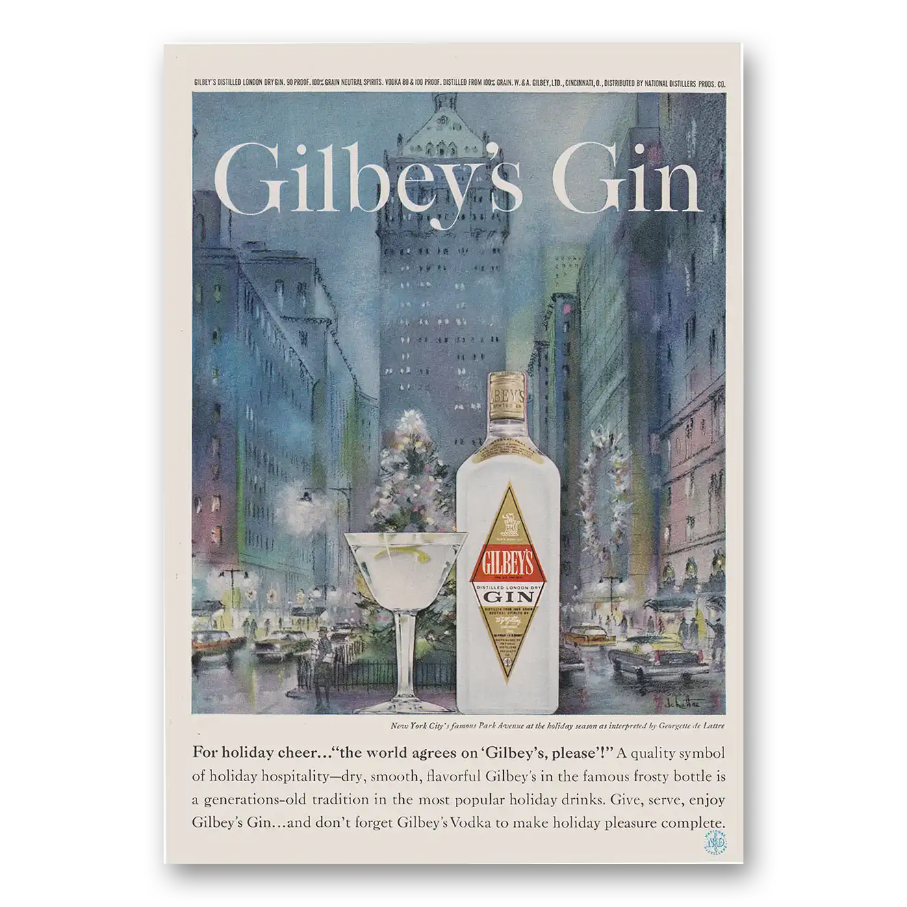 1960 Gilbeys Gin New York City's Famous Park Avenue Vintage Magazine Print Ad