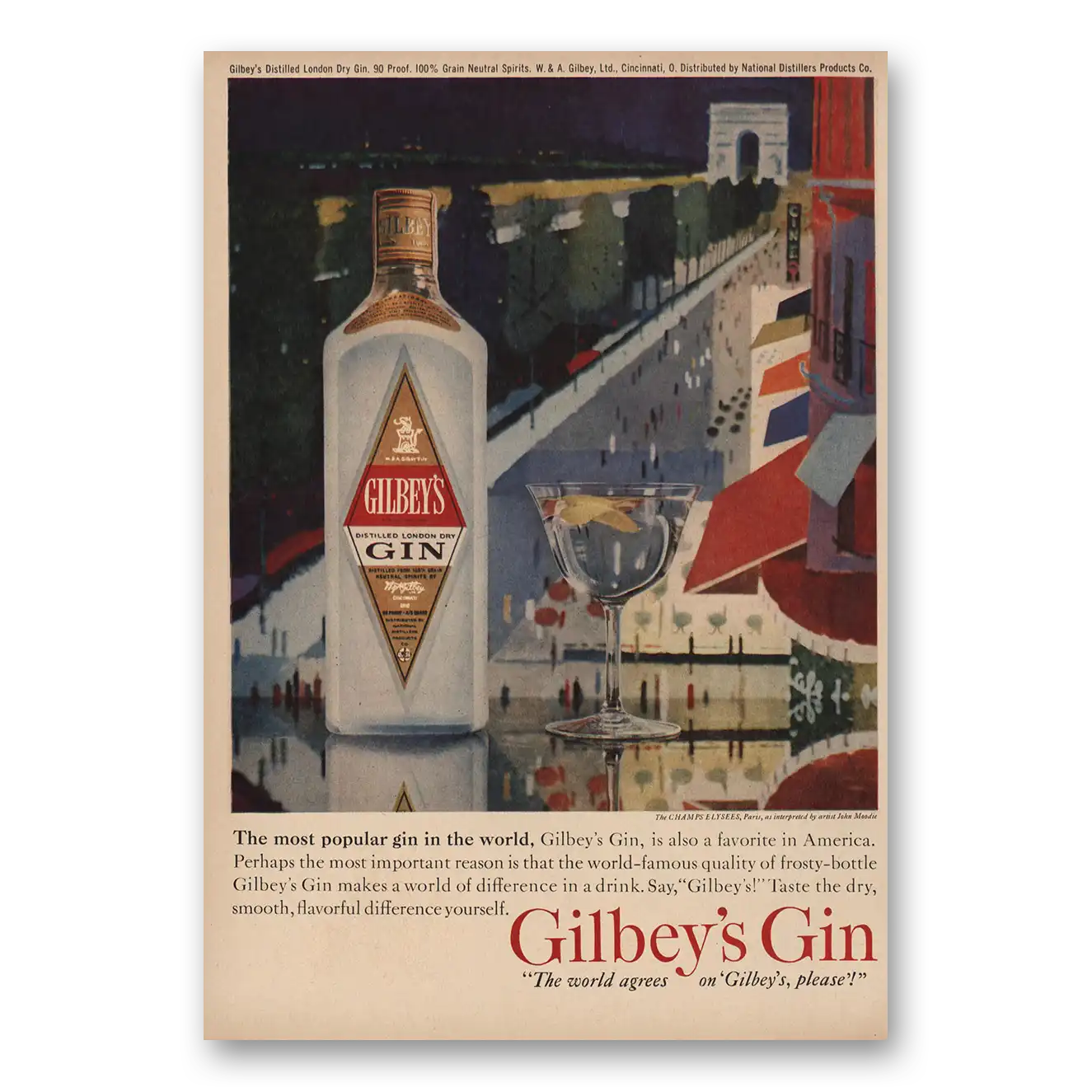 1960 Gilbeys Gin Champs Elysees Paris Vintage Magazine Print Ad