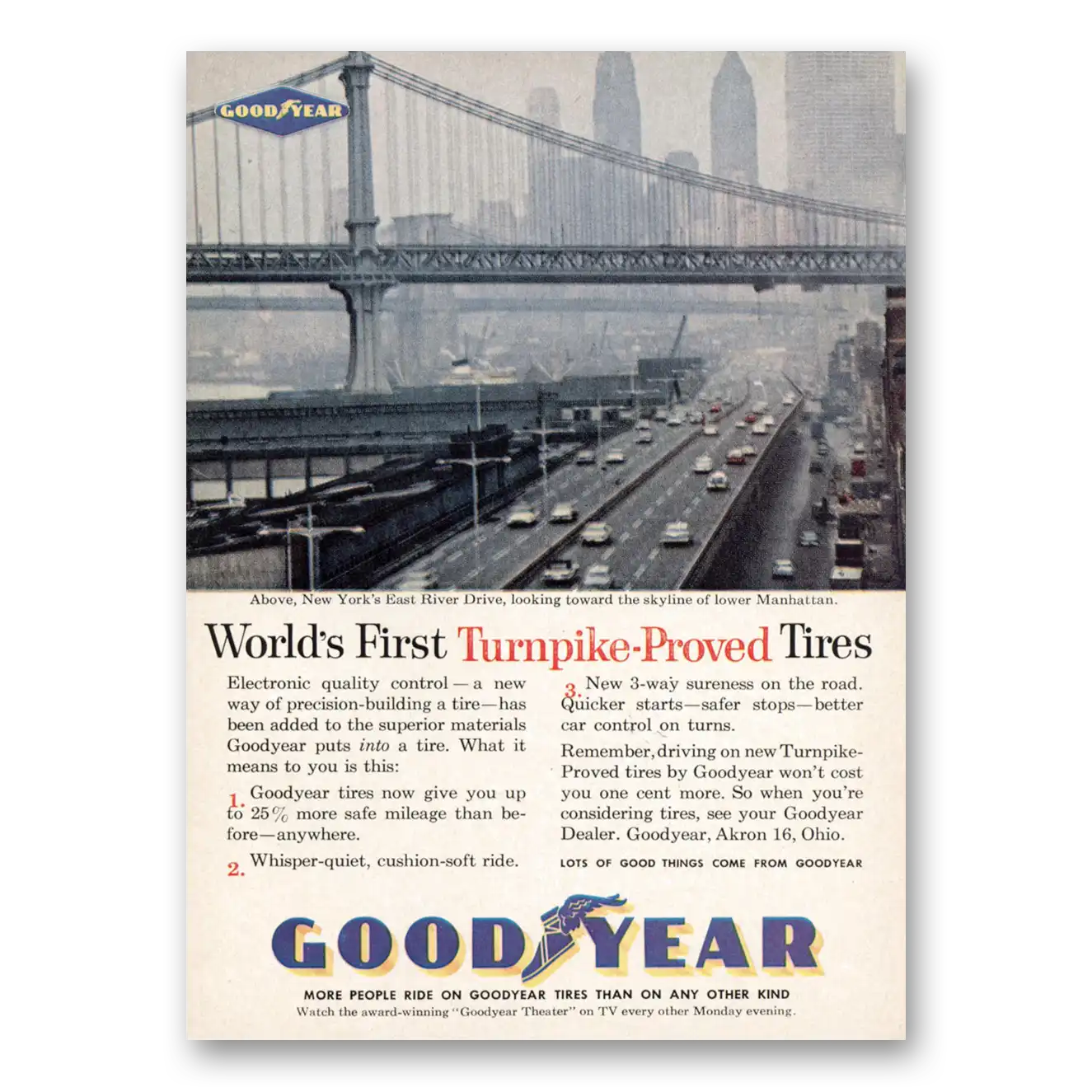 1960 Goodyear Tires New York East River Drive Vintage Magazine Print Ad