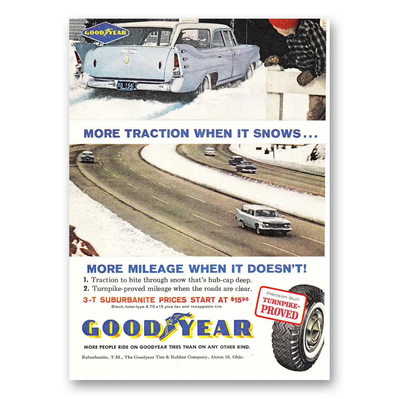 1960 Goodyear Tires More Traction When It Snows Vintage Magazine Print Ad