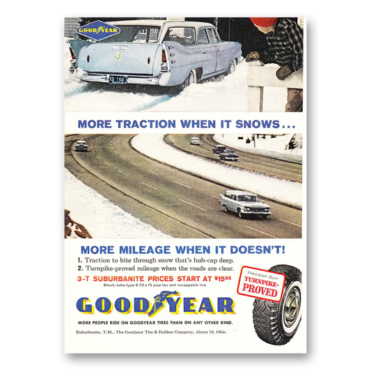 1960 Goodyear Tires More Traction When It Snows Vintage Magazine Print Ad