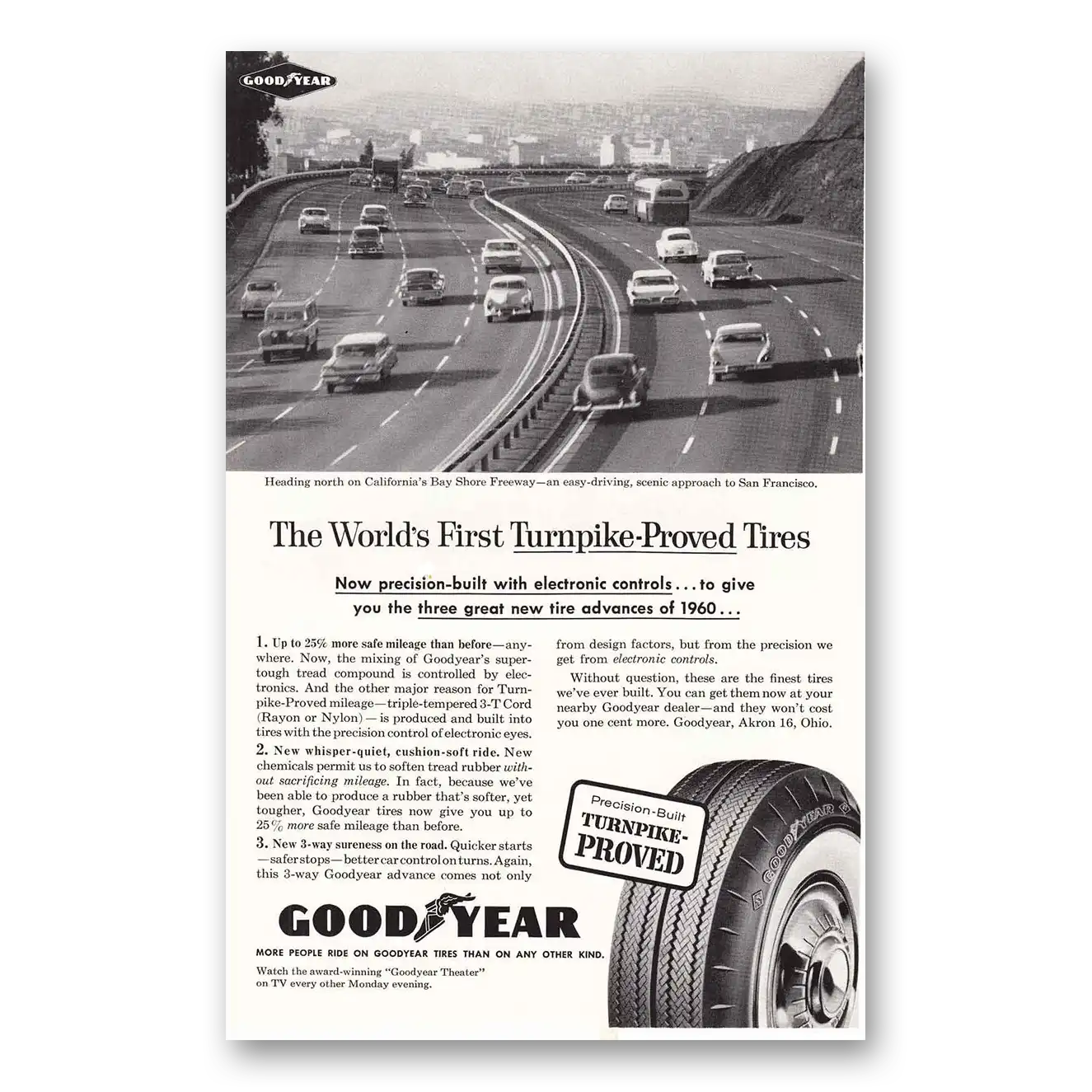 1960 Goodyear Tires California's Bay Shore Freeway Vintage Magazine Print Ad