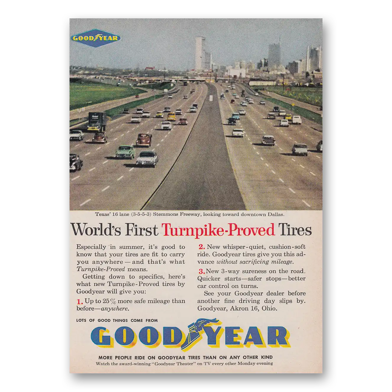 1960 Goodyear Tires Turnpike Proved Tires Stemmons Freeway Dallas Vintage Magazine Print Ad