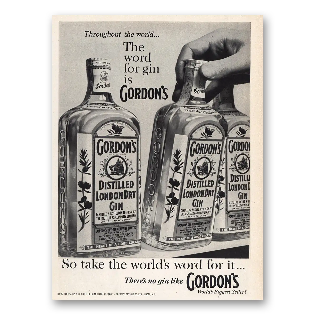 1960 Gordons Gin Word for Gin Vintage Magazine Print Ad