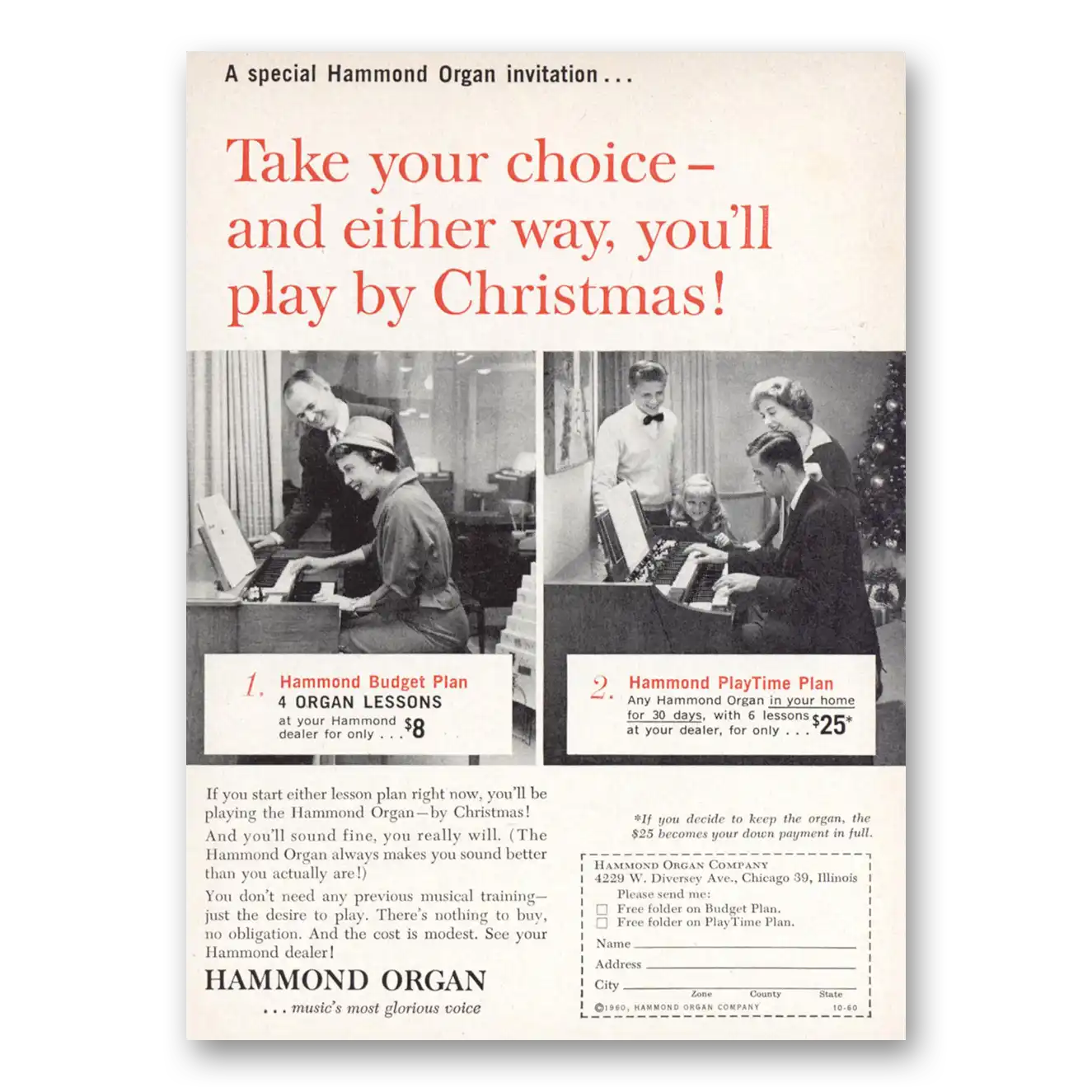 1960 Hammond Organ Play By Christmas Vintage Magazine Print Ad