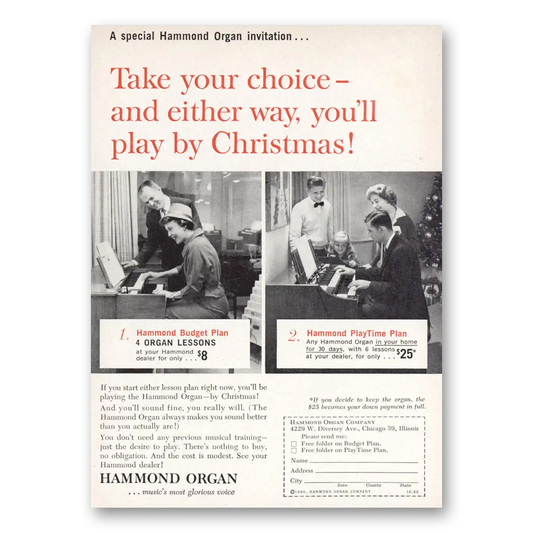 1960 Hammond Organ Play By Christmas Vintage Magazine Print Ad