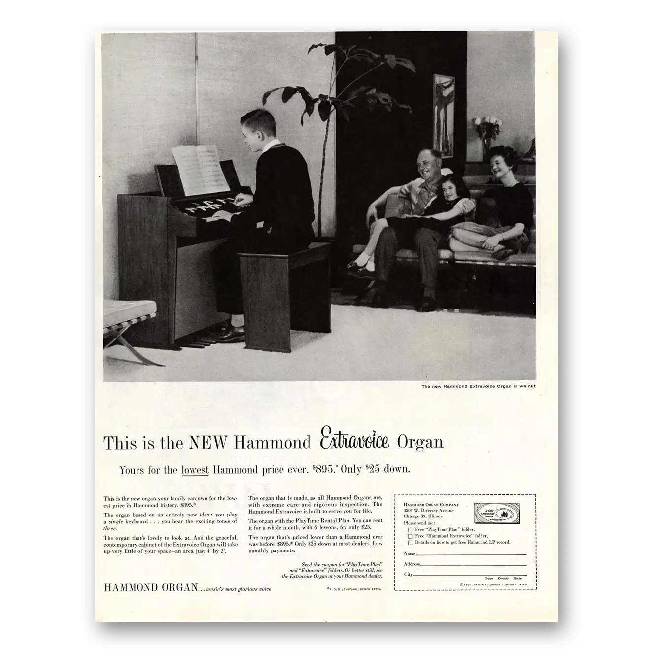 1960 Hammond Organ Extravoice Organ This Is the Organ Your Family Can Own Vintage Magazine Print Ad