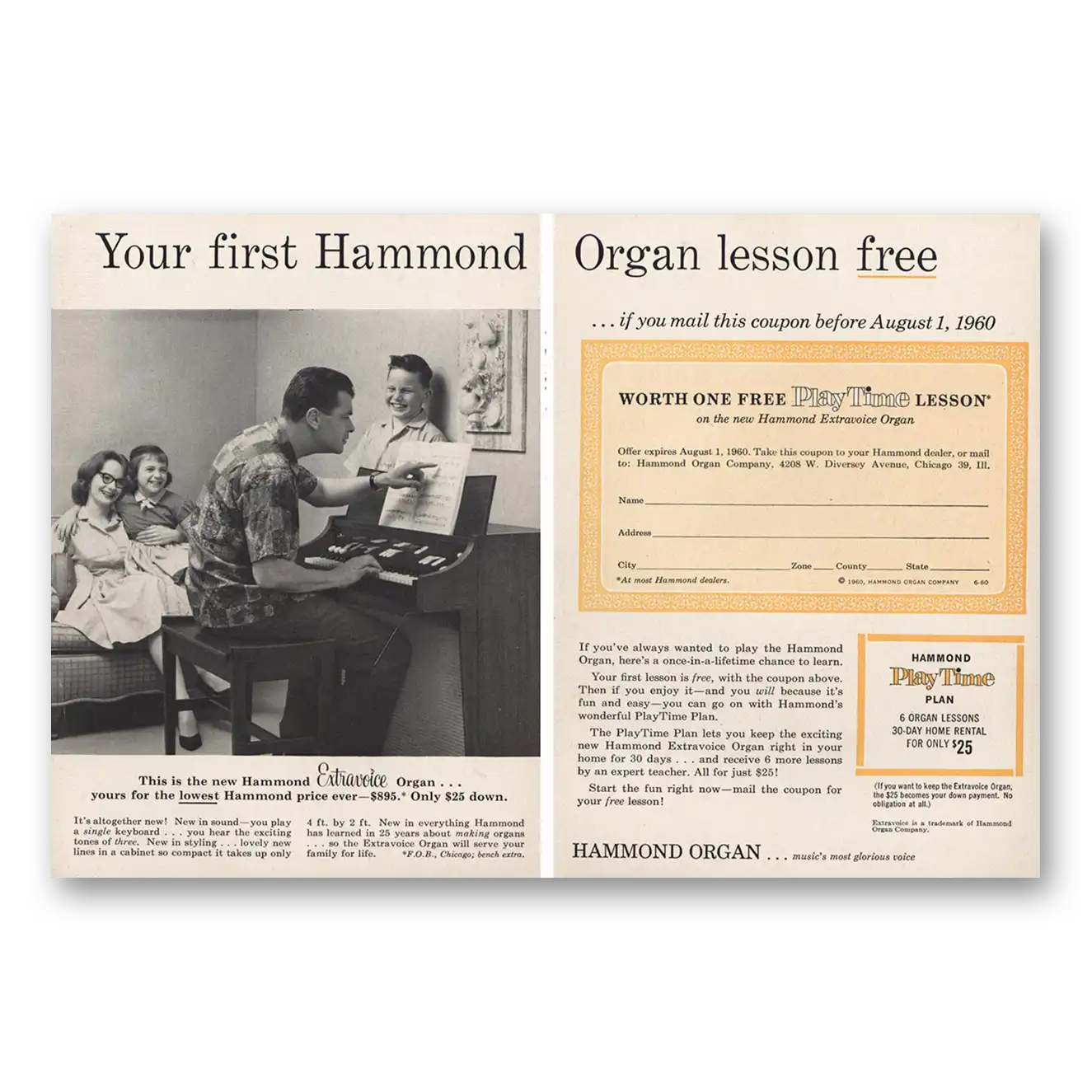 1960 Hammond Organ First Lesson Free Vintage Magazine Print Ad