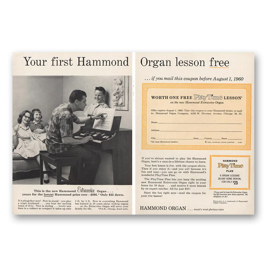 1960 Hammond Organ First Lesson Free Vintage Magazine Print Ad