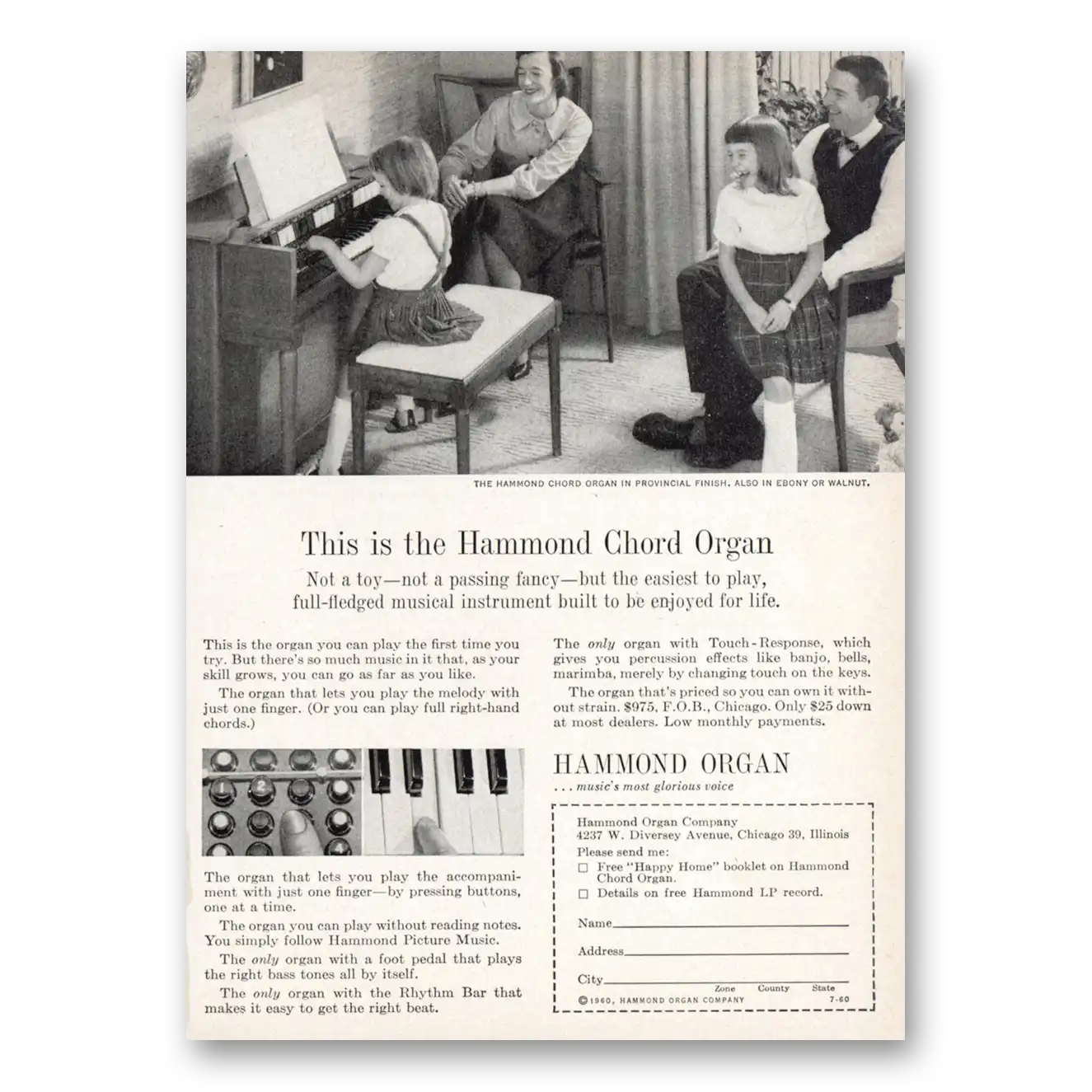 1960 Hammond Organ Chord Organ Not a Toy Not a Passing Fancy Vintage Magazine Print Ad