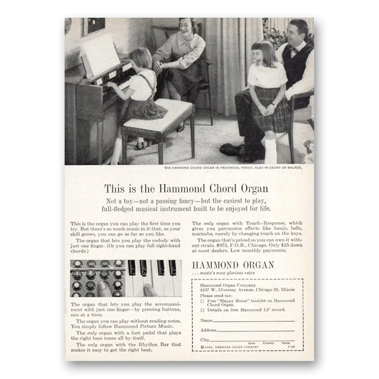 1960 Hammond Organ Chord Organ Not a Toy Not a Passing Fancy Vintage Magazine Print Ad