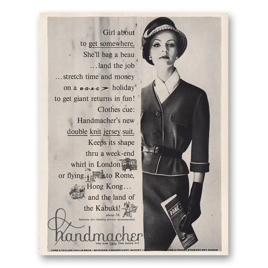 1960 Handmacher Jersey Suit Girl About to Get Somewhere Vintage Magazine Print Ad