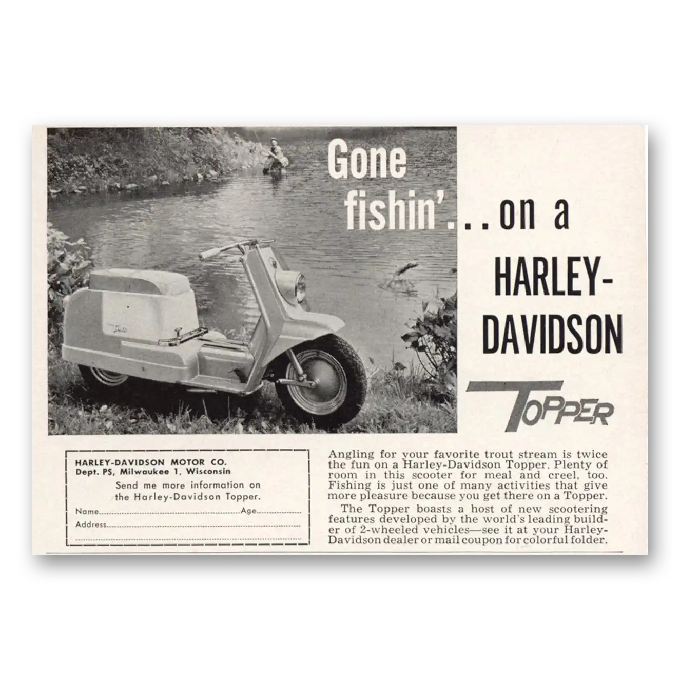 1960 Harley Davidson Topper Gone Fishin Vintage Magazine Print Ad