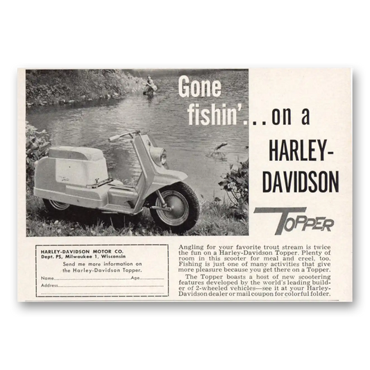 1960 Harley Davidson Topper Gone Fishin Vintage Magazine Print Ad