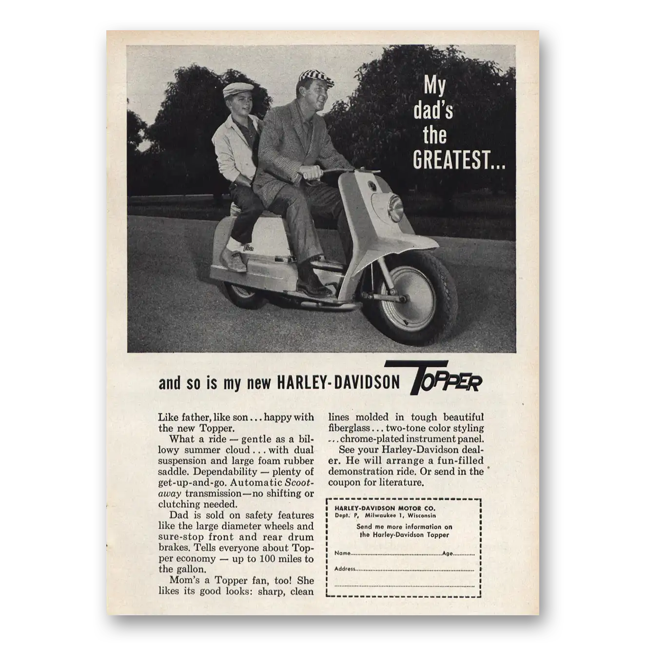 1960 Harley Davidson Topper My Dads the Greatest Vintage Magazine Print Ad