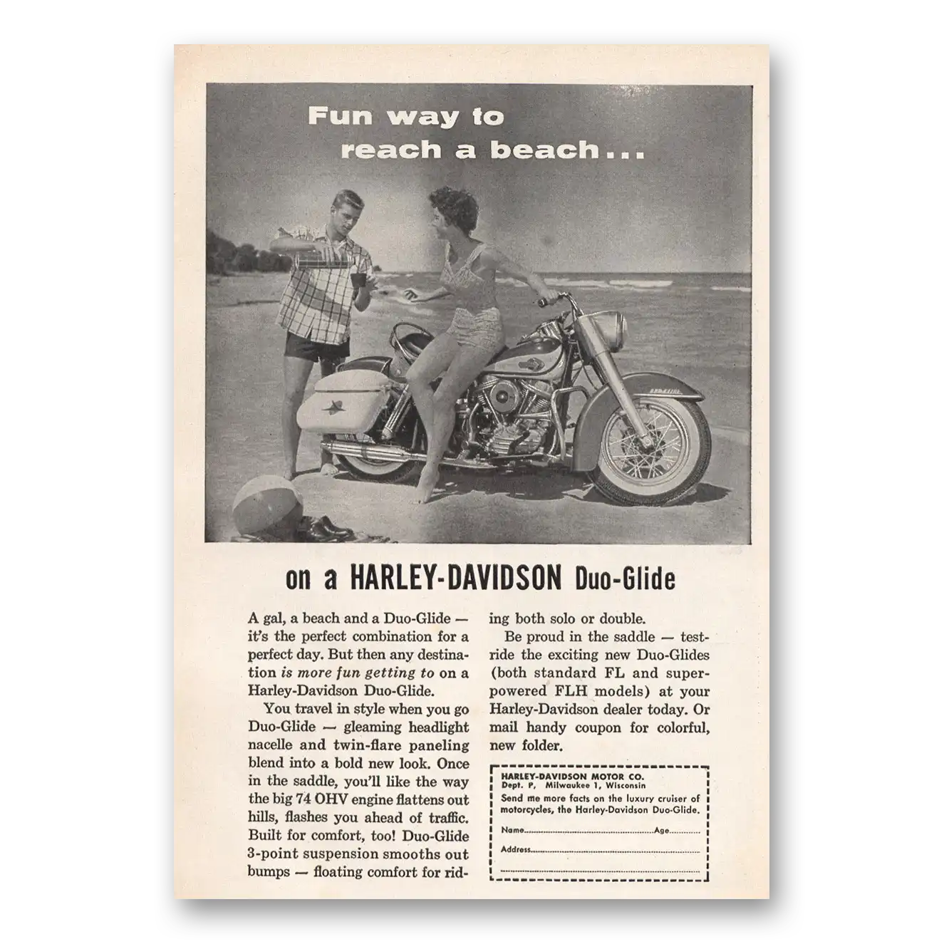 1960 Harley Davidson Fun Way to Reach a Beach Vintage Magazine Print Ad