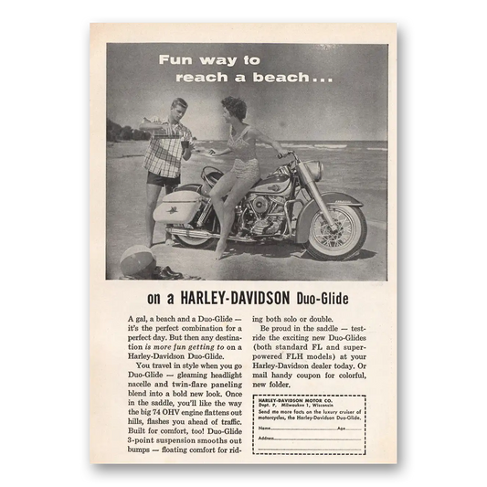 1960 Harley Davidson Fun Way to Reach a Beach Vintage Magazine Print Ad