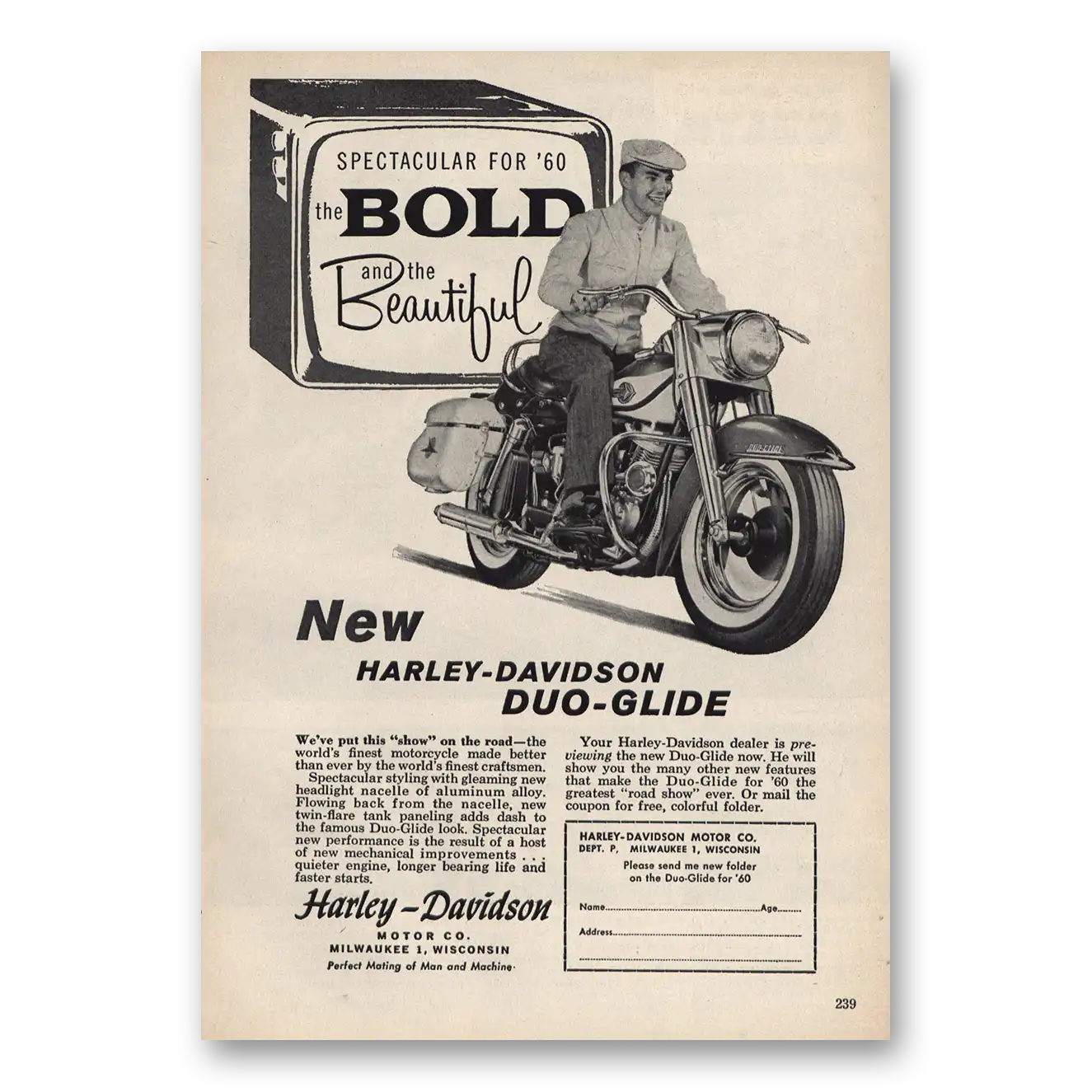 1959 Harley Davidson Bold and the Beautiful Vintage Magazine Print Ad