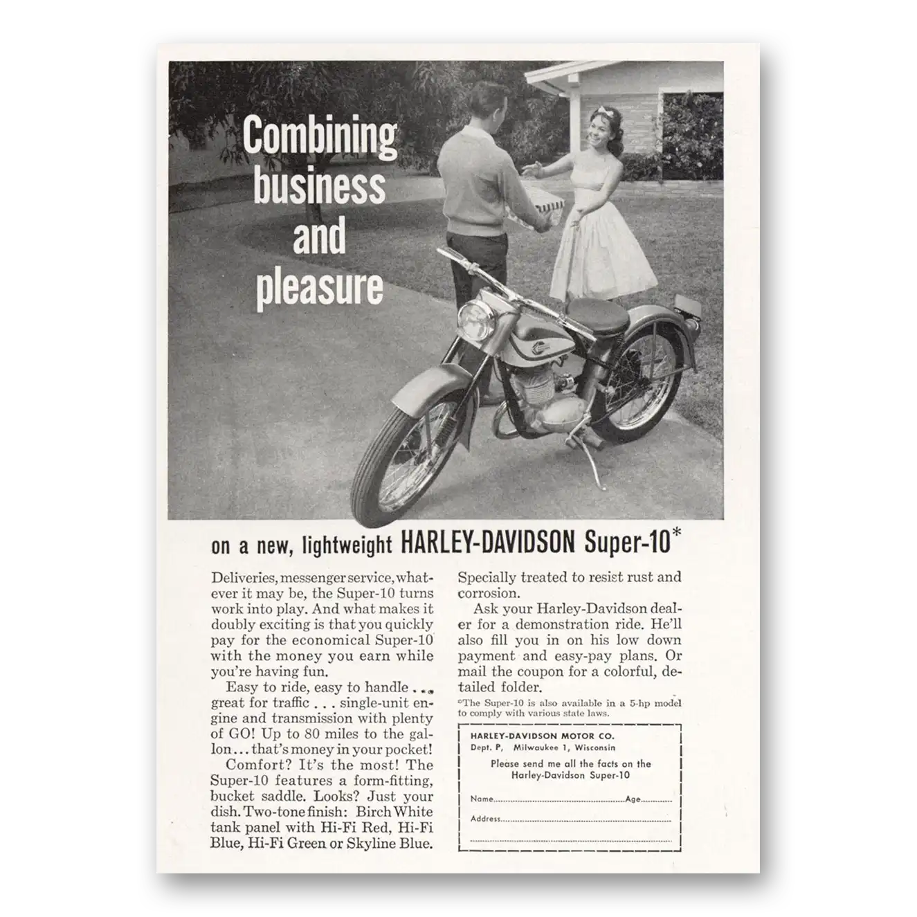 1960 Harley Davidson Combining Business and Pleasure Vintage Magazine Print Ad