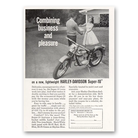 1960 Harley Davidson Combining Business and Pleasure Vintage Magazine Print Ad