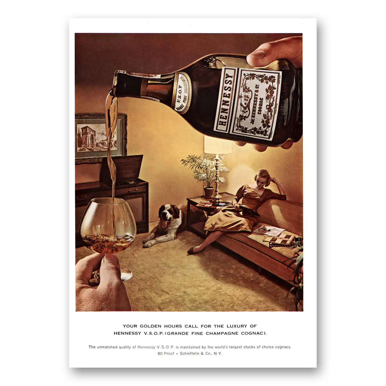 1960 Hennessy Cognac Golden Hours Call Vintage Magazine Print Ad